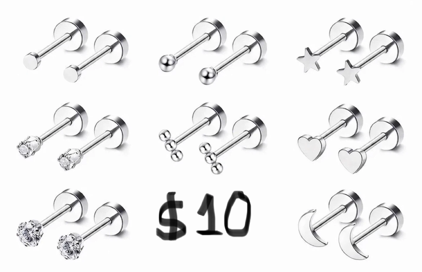 Silver Tone Body Piercing Jewelry Set