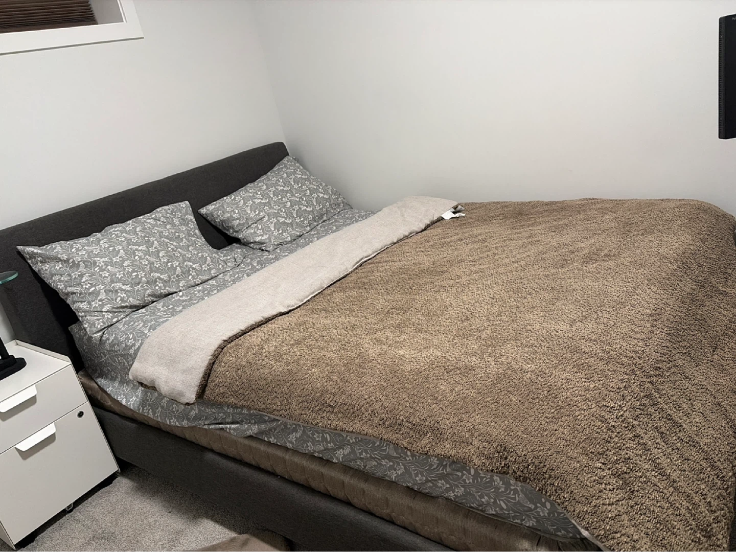 Double Size Grey upholstered bed frame with mattress