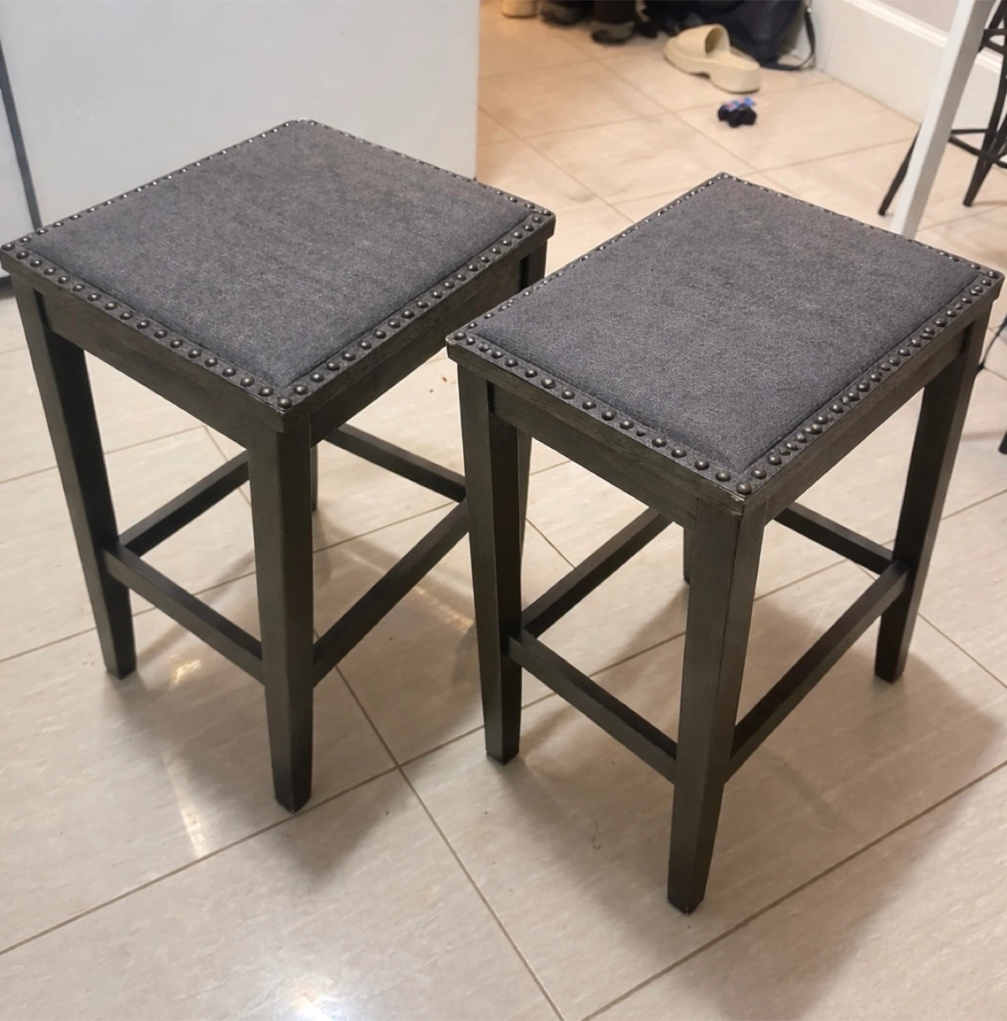 Set of 2 Grey Upholstered Counter Stools