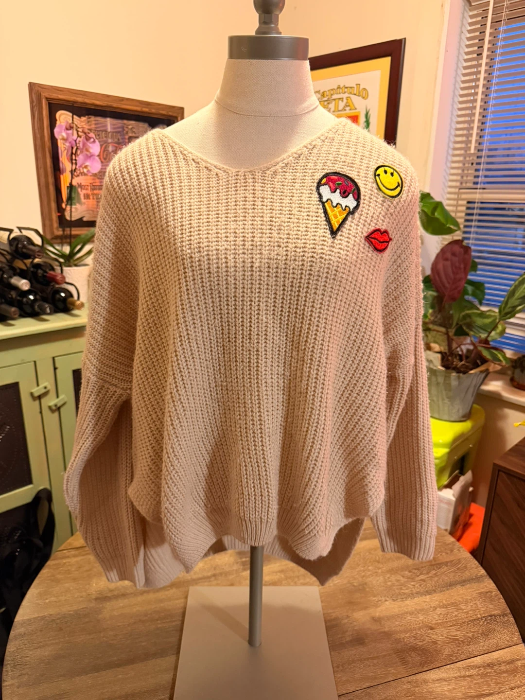 Dreamers Cream Knit Sweater with Patches Size M