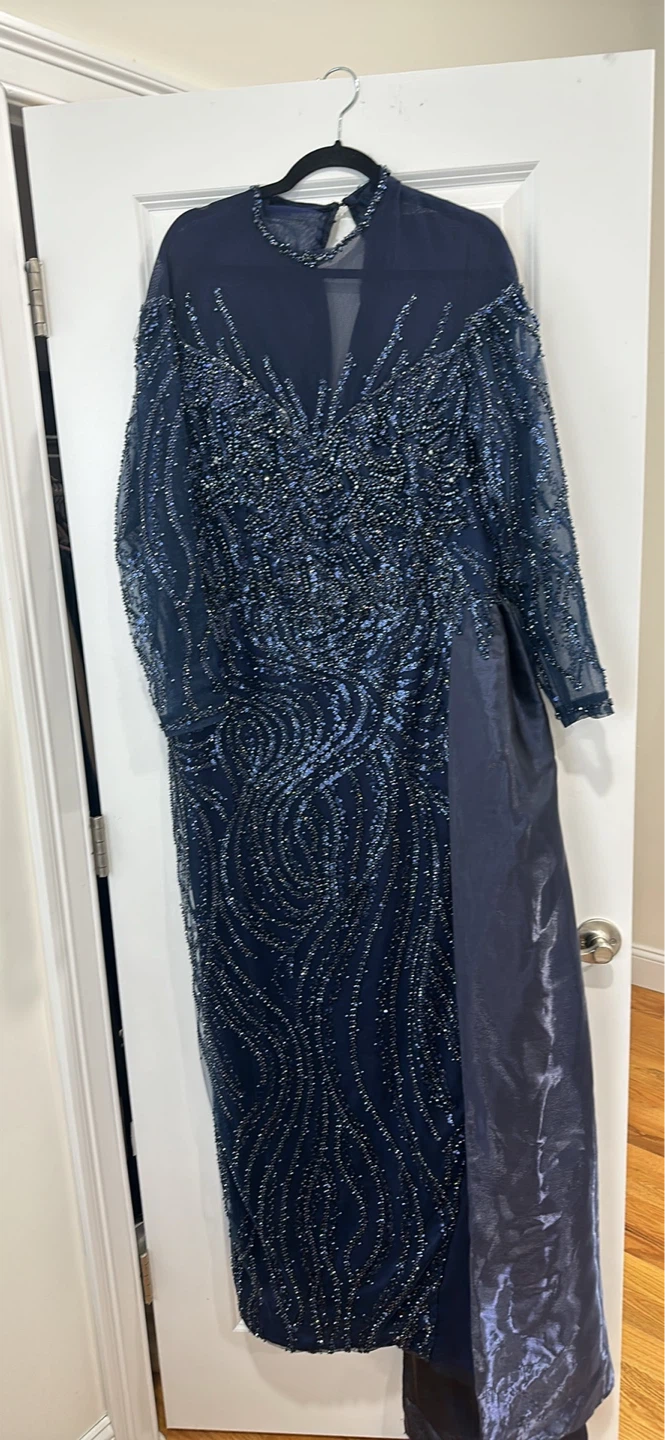 Navy Beaded Long Sleeve Formal Gown