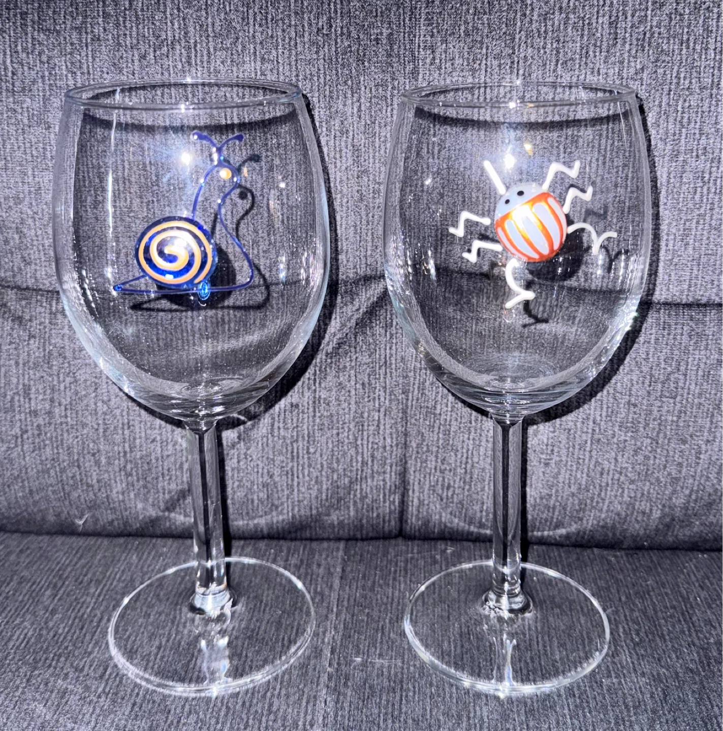 Set of 2 Hand-Painted Wine Glasses - Snail & Beetle Design
