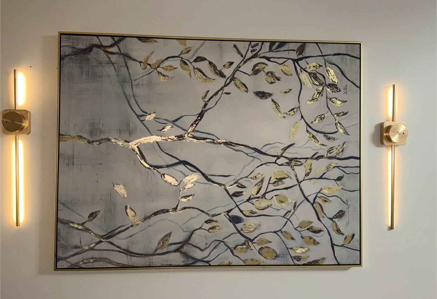 Framed Abstract Wall Art with Gold Leaf Branches