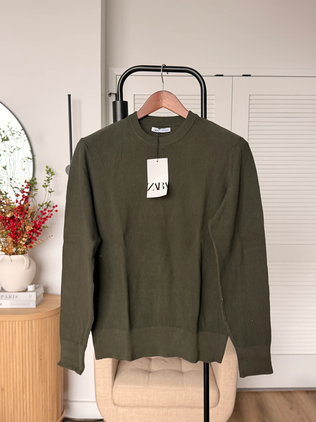 ZARA Ribbed Crewneck Sweater - Olive Green
