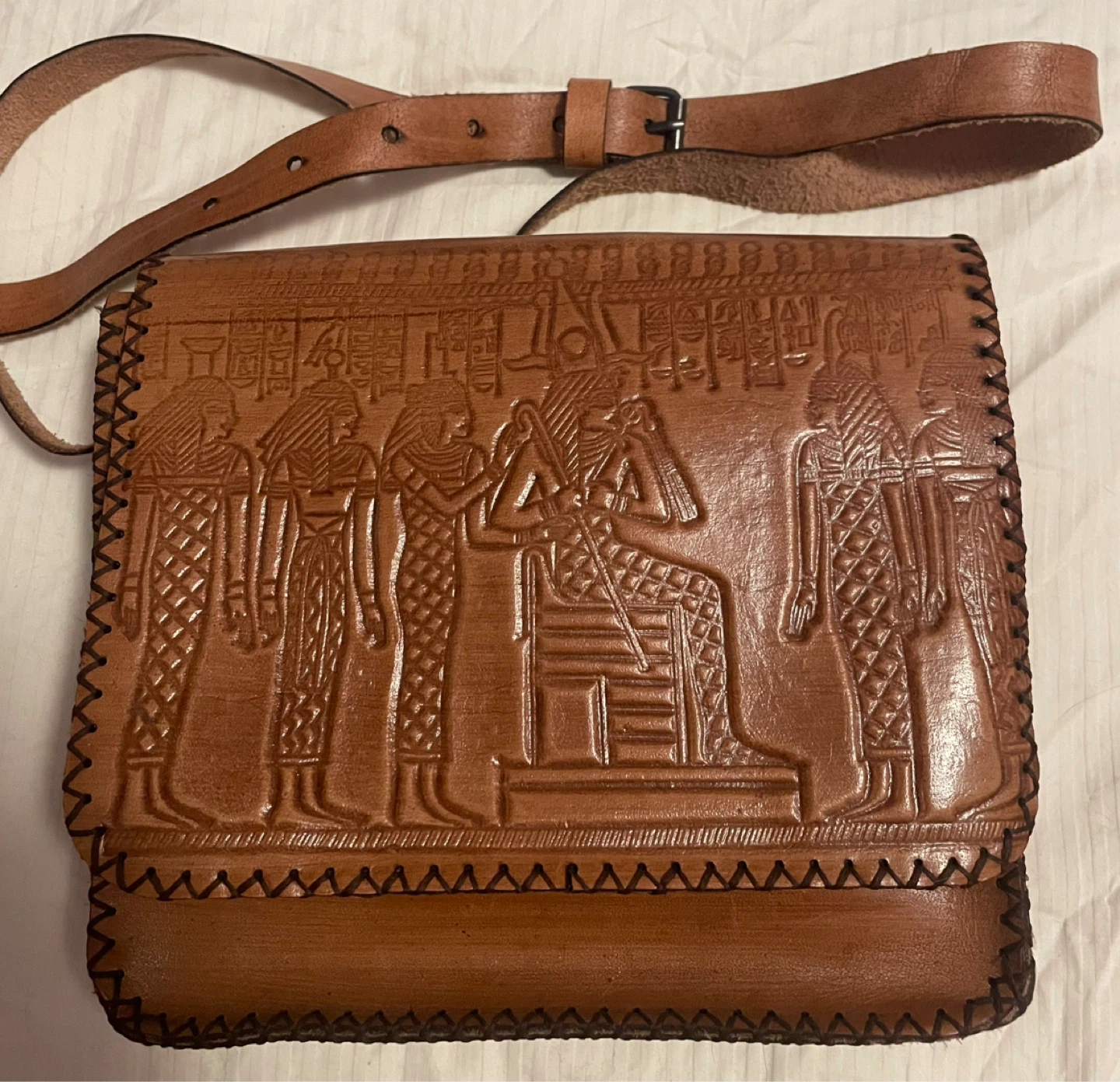 Brown Leather Embossed Messenger Bag