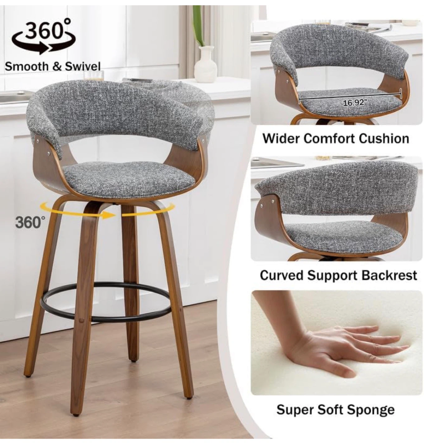 Set of 4 Swivel Counter Height Bar Stools with Curved Backrest