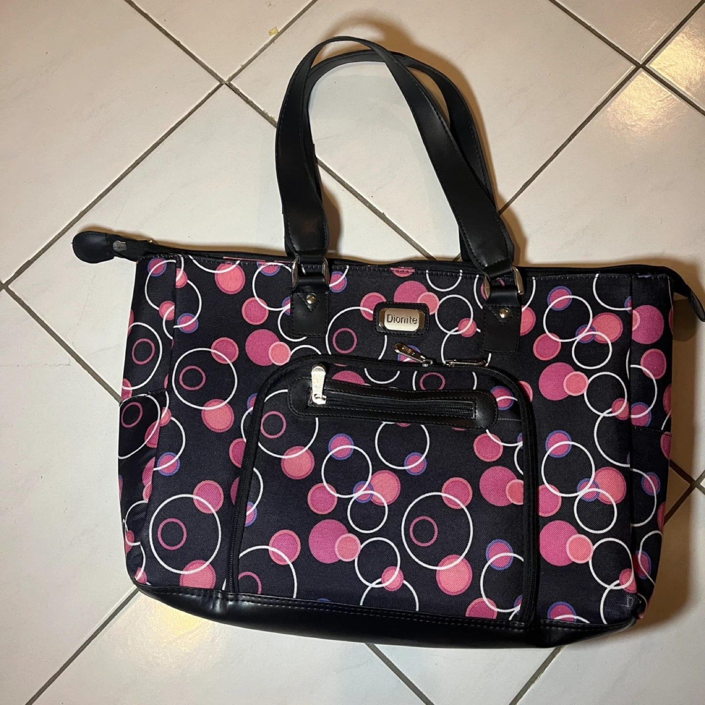 Dionite Tote Bag - Black with Pink & White Circles