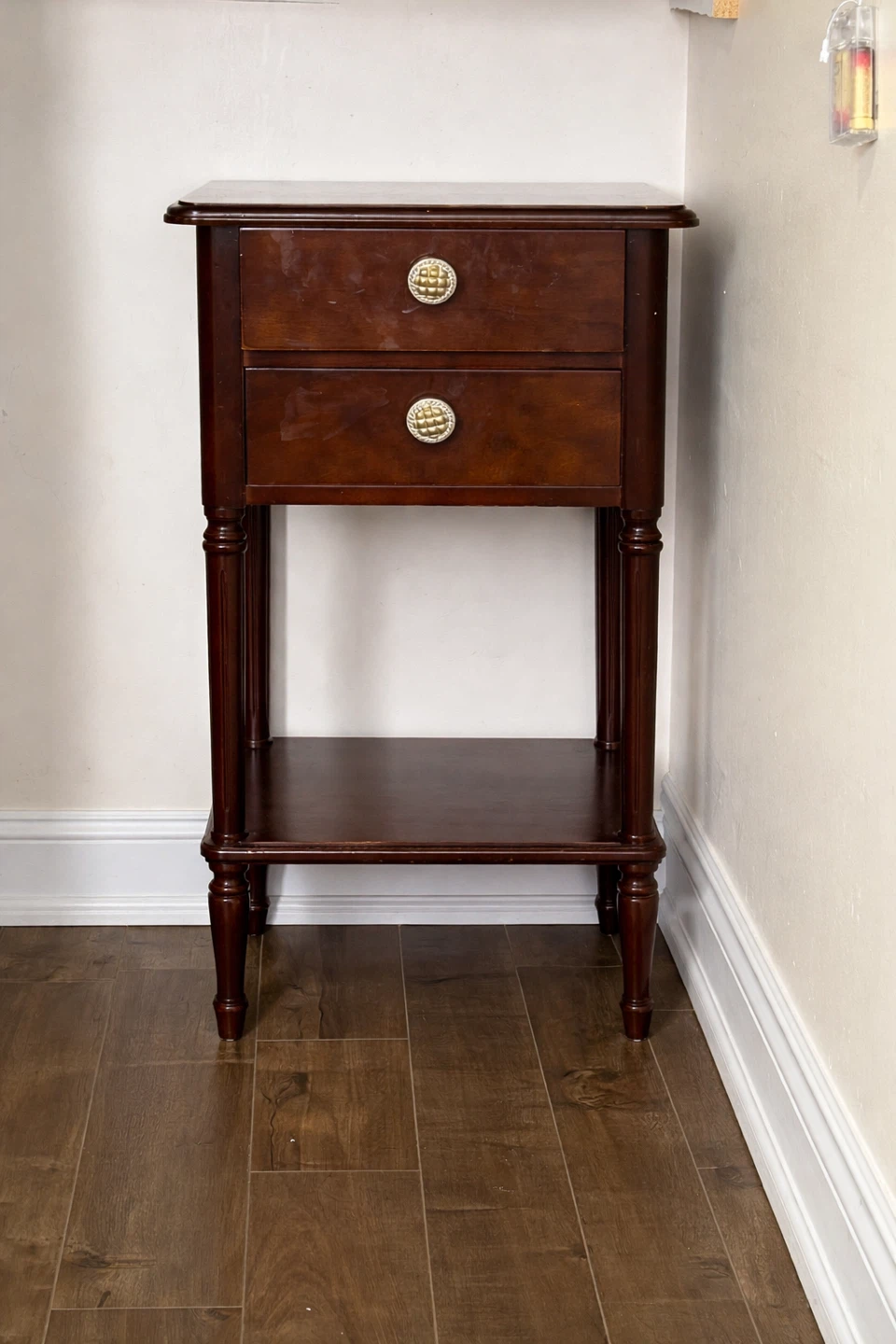Vintage Dark Wood Side Table with 2 Drawers