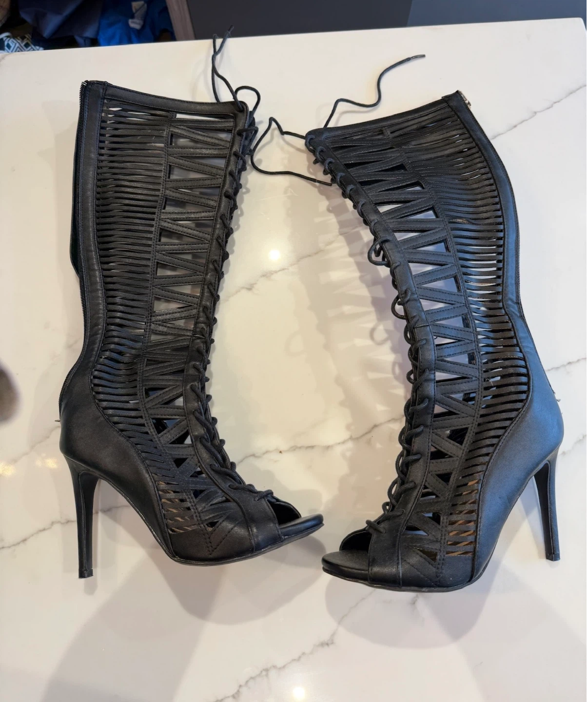 Size 7 Black Lace-Up Peep-Toe Heeled Boots