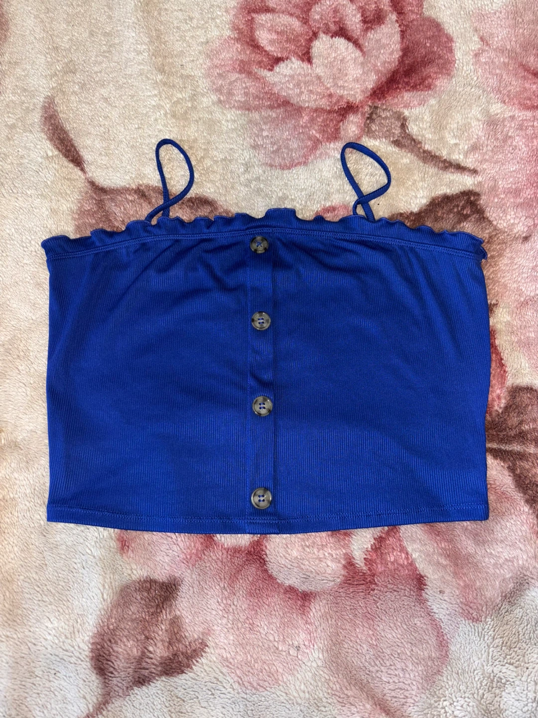 Love J Blue Button Front Ruffle Crop Top - Size L