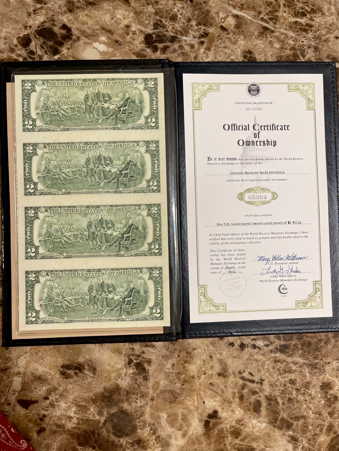 Official Certificate of Ownership - Uncut Sheet of $2 Bills - photo 3