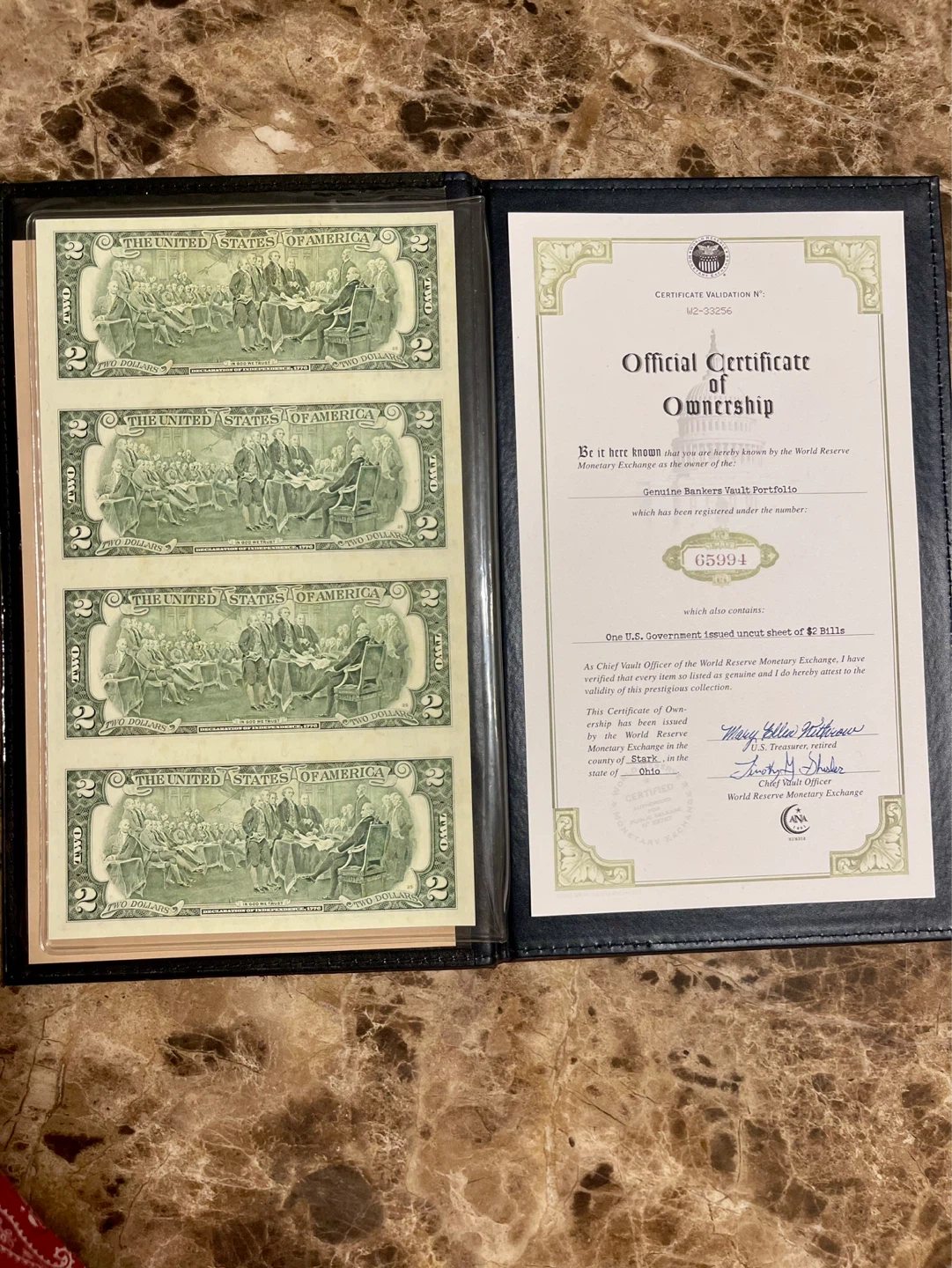 Official Certificate of Ownership - Uncut Sheet of $2 Bills - photo 4