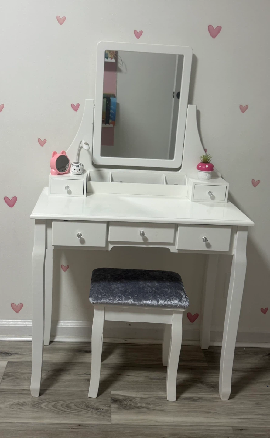 White Kids Vanity Table with Mirror and Stool