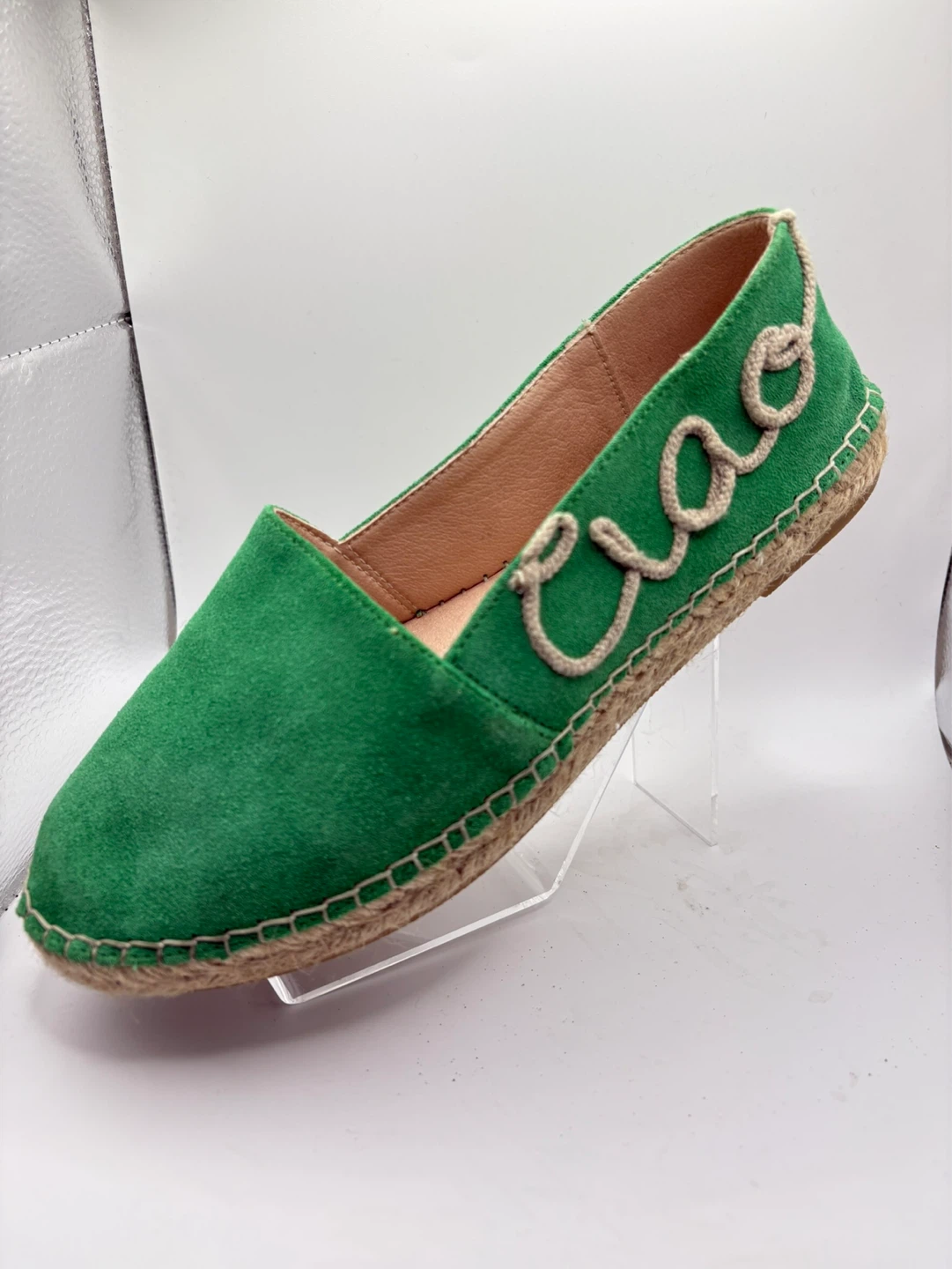 Size 7.5 - Green Suede Espadrille Flats with 'Ciao' - photo 4