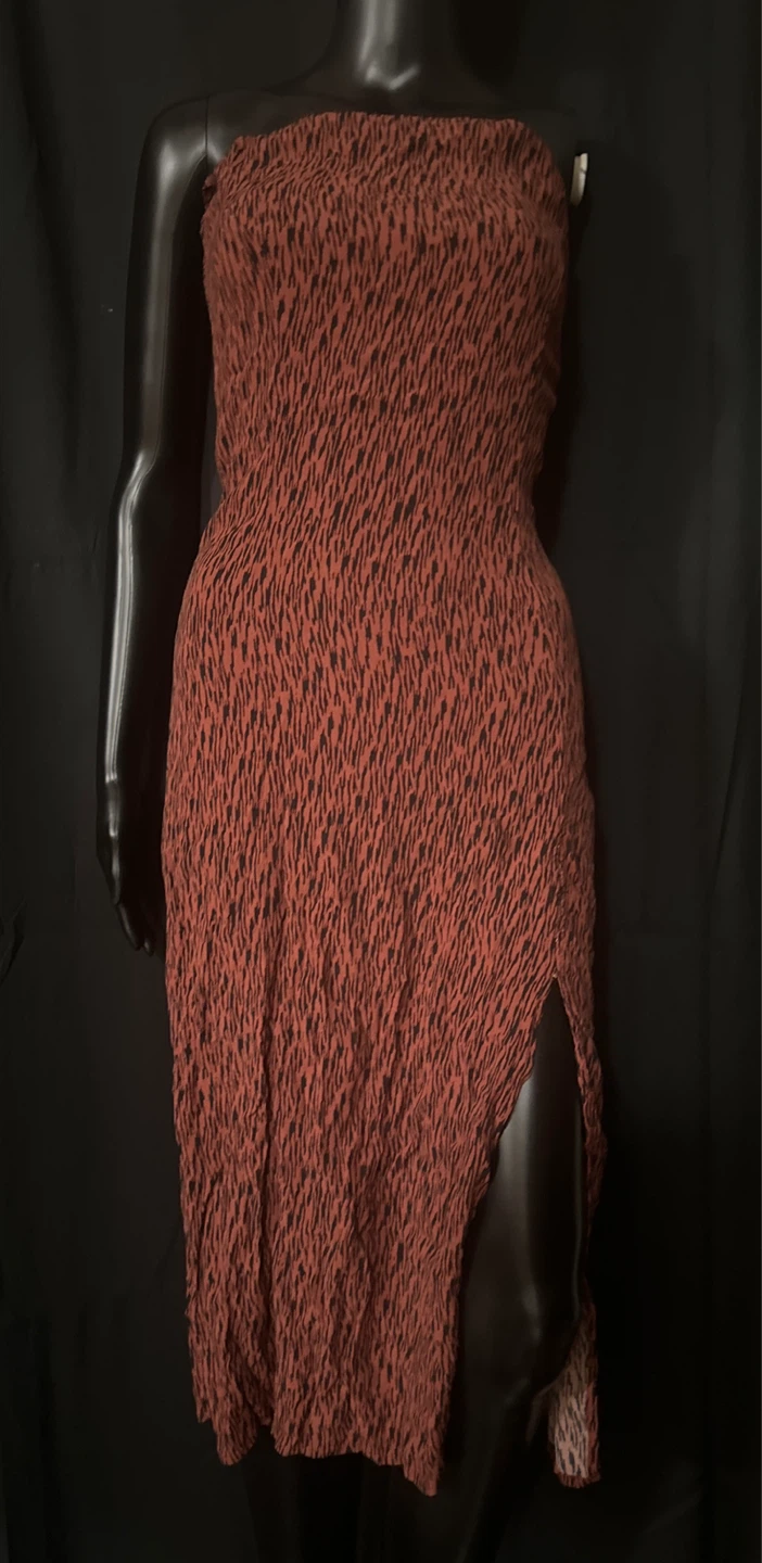 Brown Ruched Strapless Dress with High Slit
