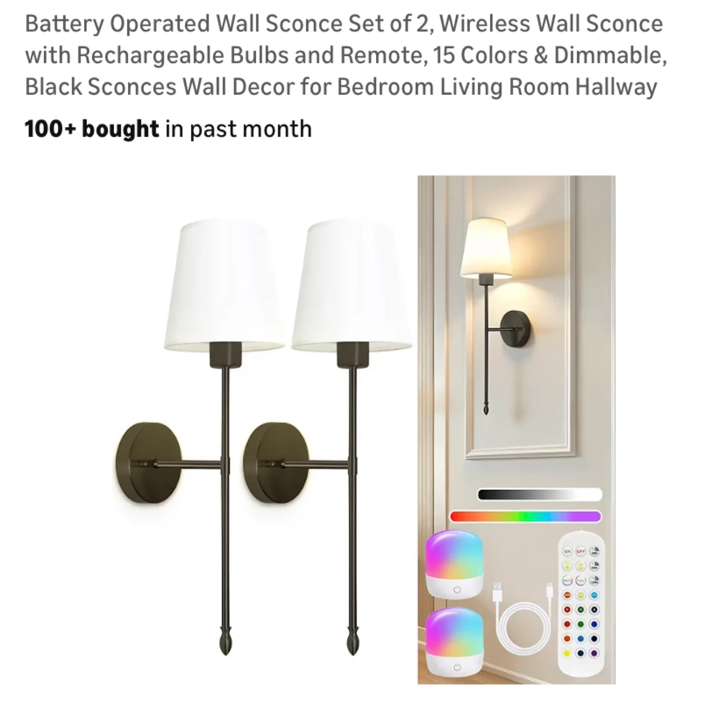 New Battery Operated Wall Sconce Set of 2 Black