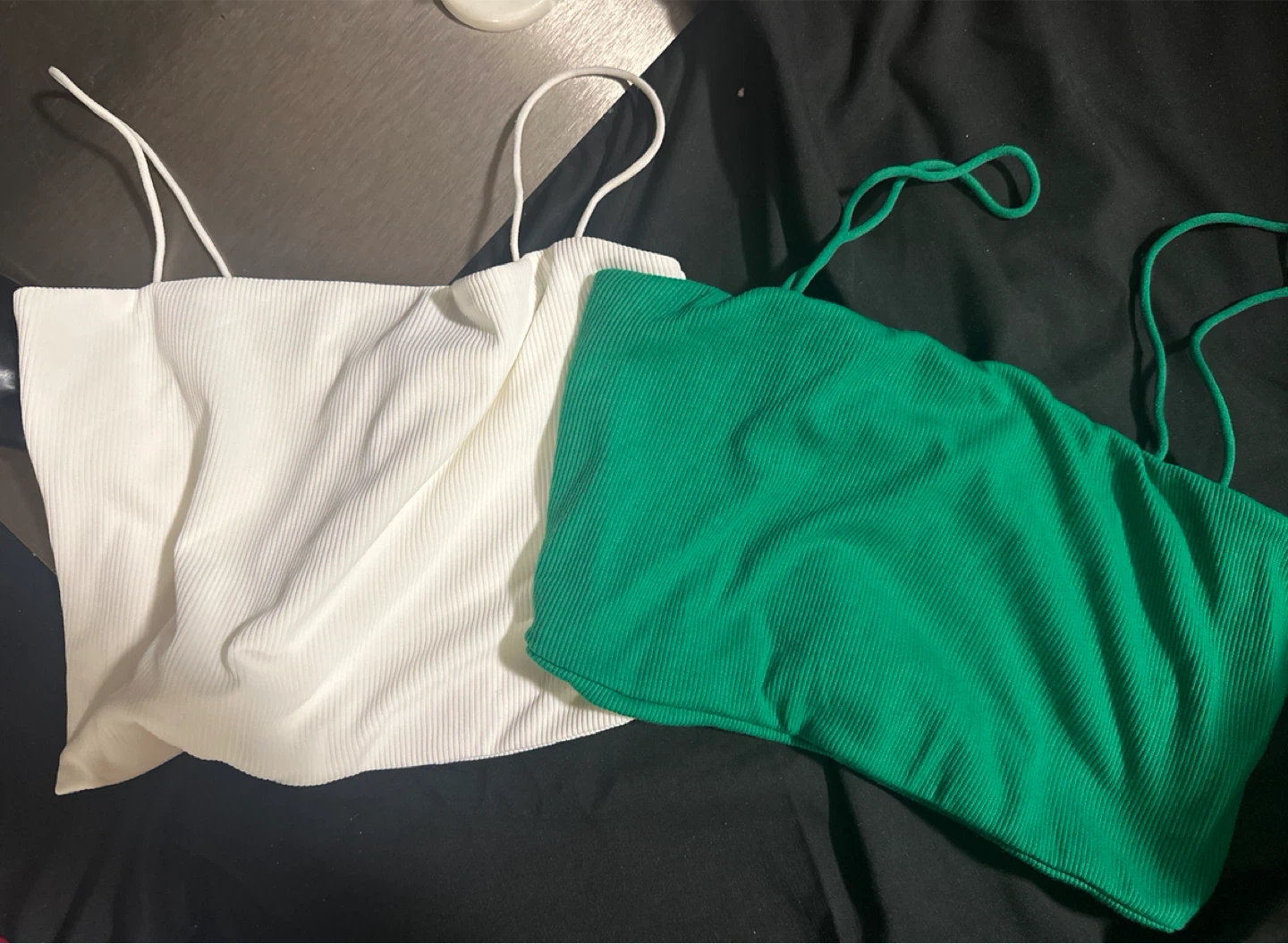 White and Green Ribbed Spaghetti Strap Crop Tops (Set of 2)