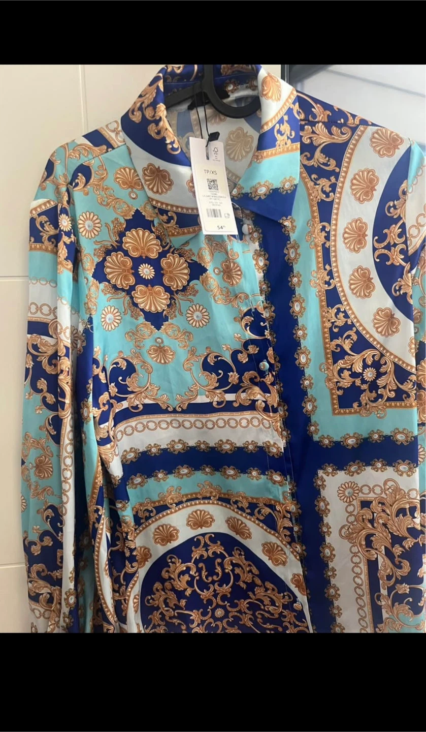 Blue and Gold Print Button-Up Shirt