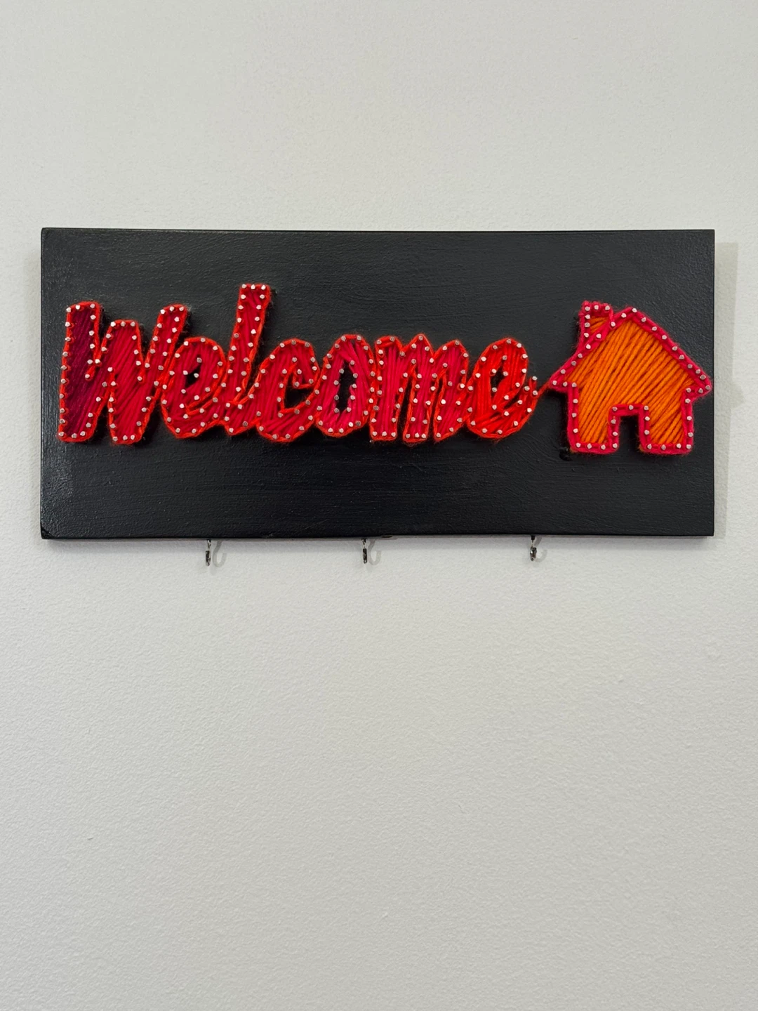 Handmade String Art "Welcome" Sign with Key Hooks