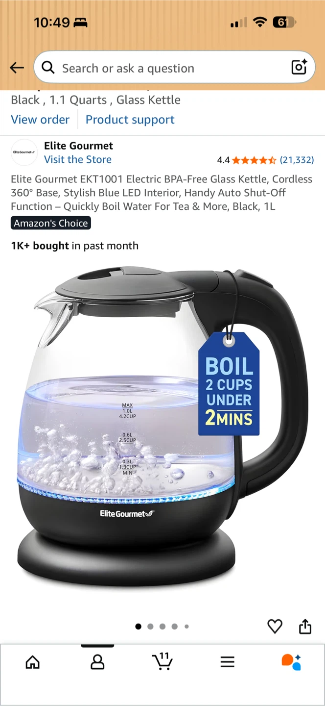 Elite Gourmet EKT1001 Electric Glass Kettle, 1L, Black - photo 3