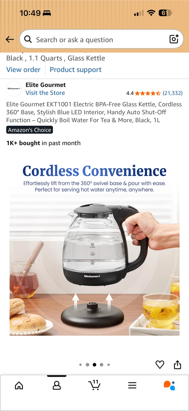 Elite Gourmet EKT1001 Electric Glass Kettle, 1L, Black
