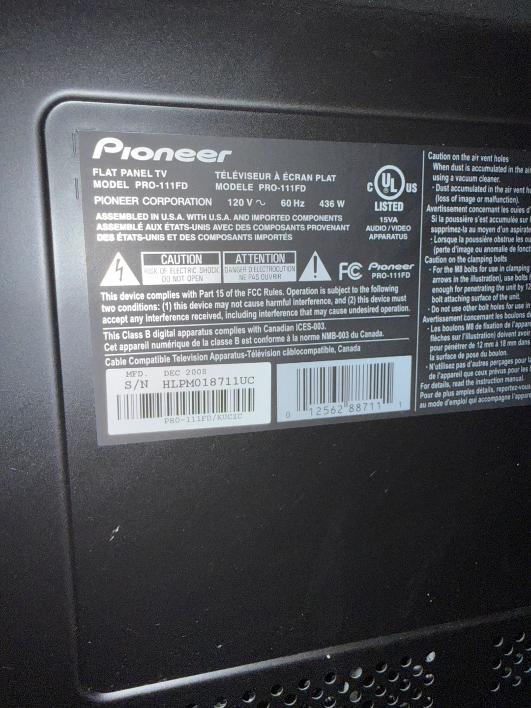 Pioneer PRO-111FD Flat Panel TV - photo 3