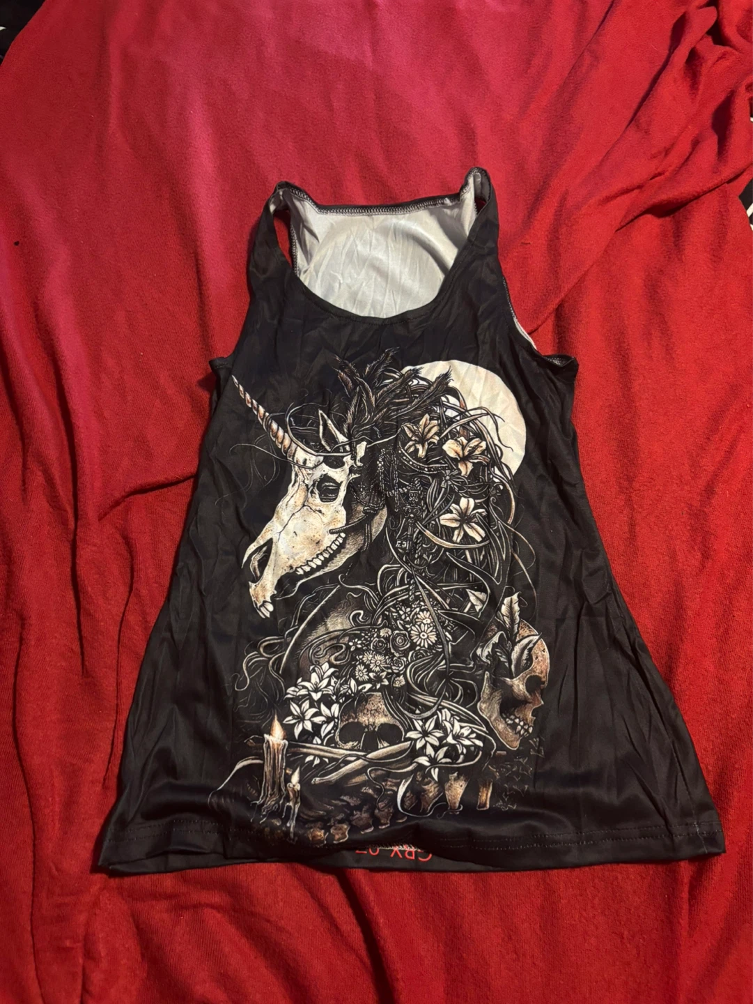 Black Tank Top with Unicorn and Skull Graphic