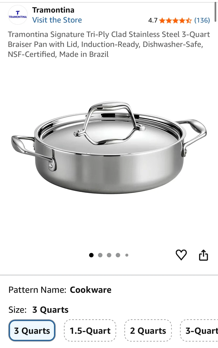 Tramontina Signature Tri-Ply Clad Braiser Pan with Lid - 3 Quart