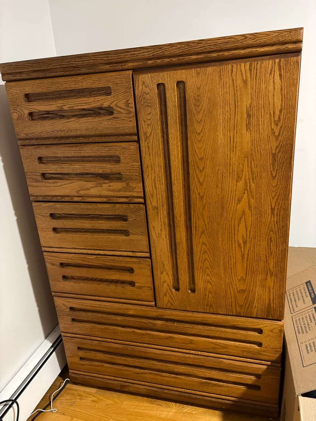 Oak Tallboy Dresser with Drawers and Cabinet