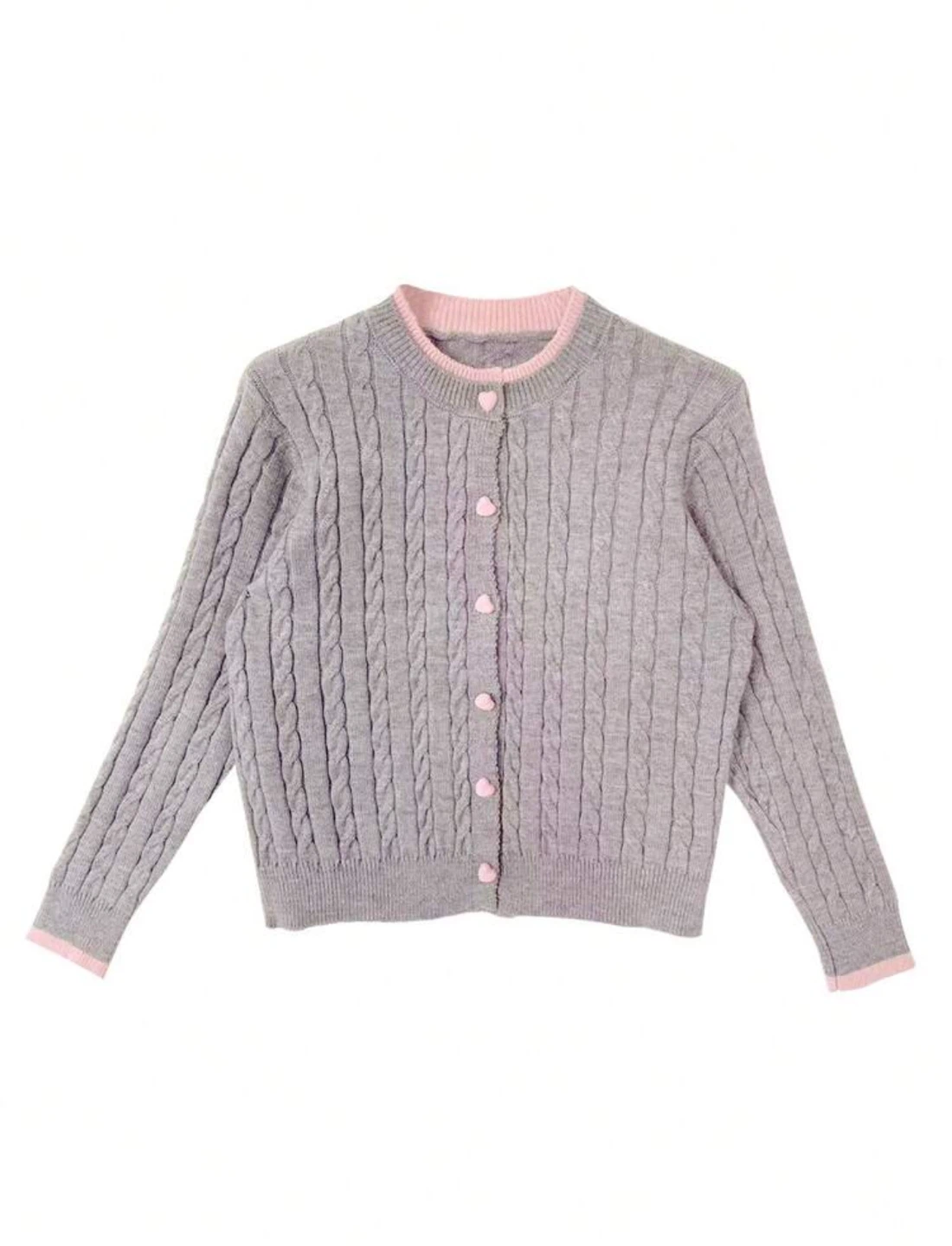 Grey Cable Knit Cardigan with Pink Trim and Heart Buttons