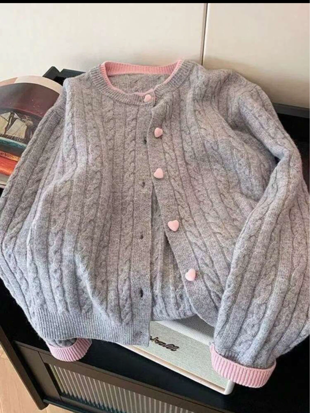 Grey Cable Knit Cardigan with Pink Trim and Heart Buttons - photo 2