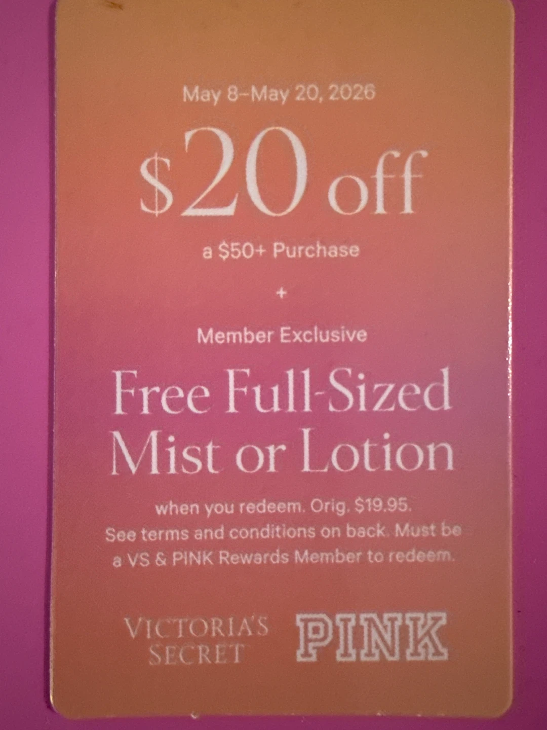 Victoria's Secret PINK $20 Off $50+ Purchase Coupon
