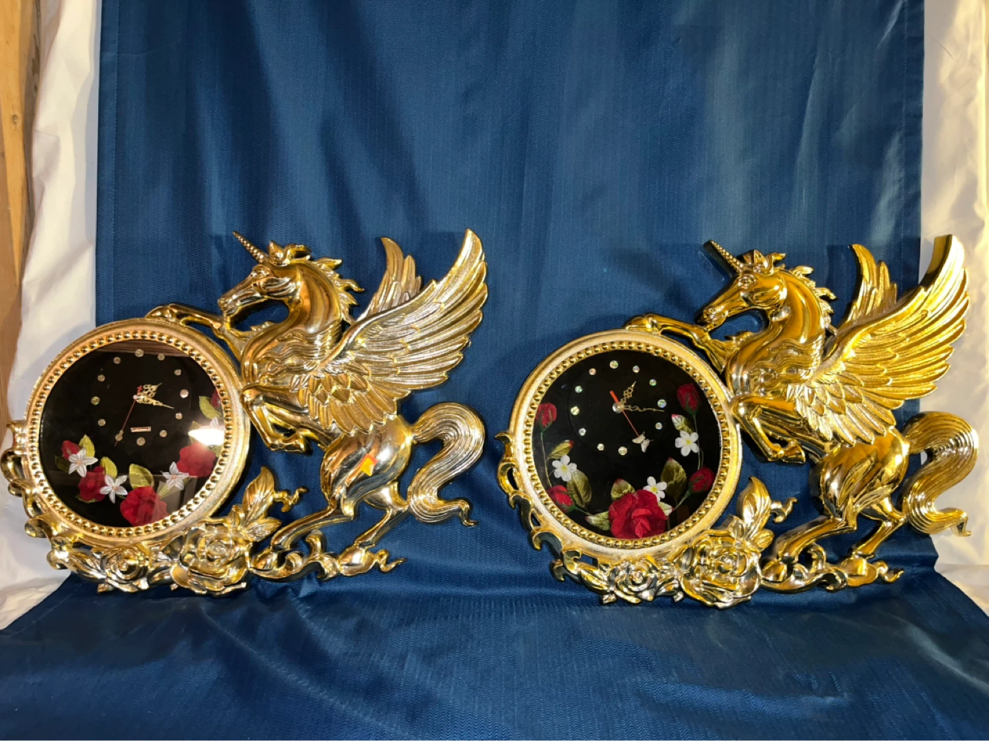 2 Gold Pegasus Unicorn Clock with Roses