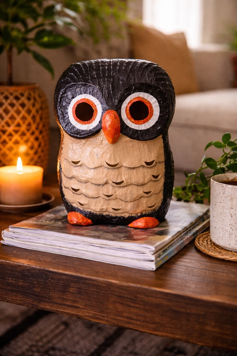 Owl folk art papier-mâché handmade rustic decor