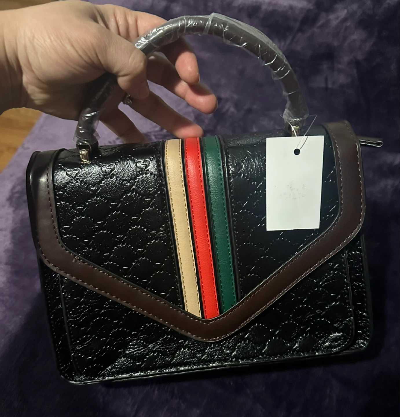 Black Textured Handbag with Striped Detail