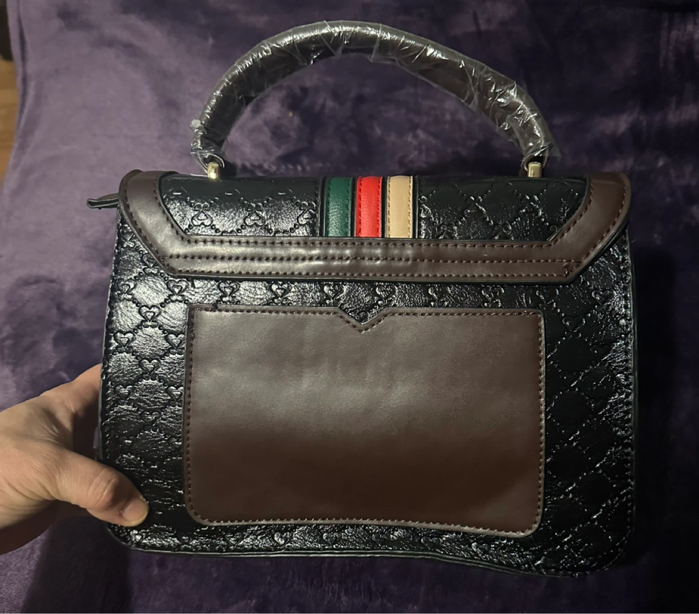 Black Textured Handbag with Striped Detail - photo 2