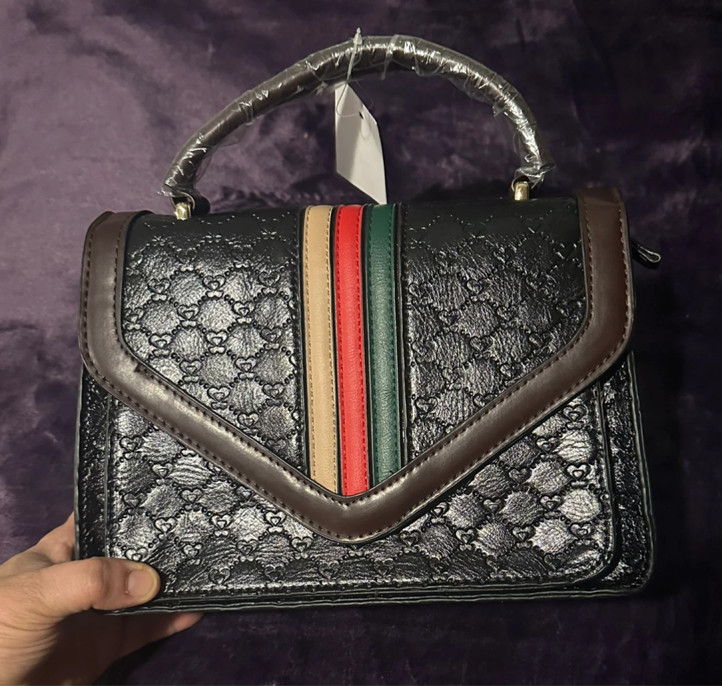Black Textured Handbag with Striped Detail - photo 3
