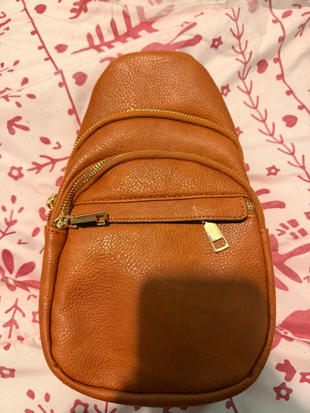 Brown Faux Leather Sling Backpack with Patterned Strap - photo 2
