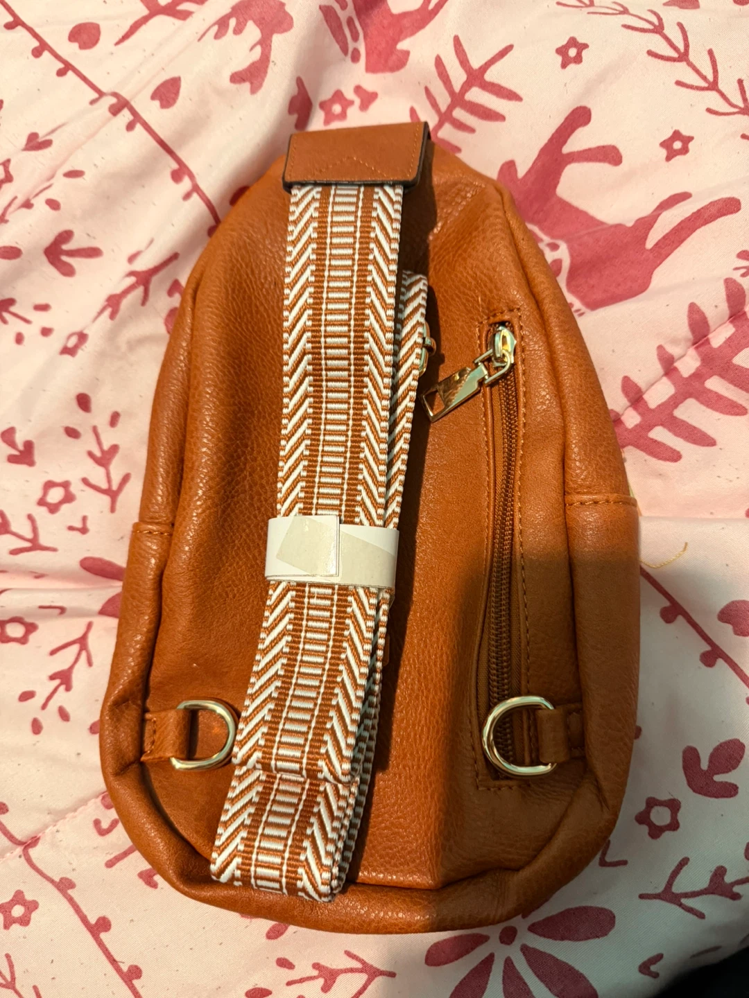 Brown Faux Leather Sling Backpack with Patterned Strap - photo 3