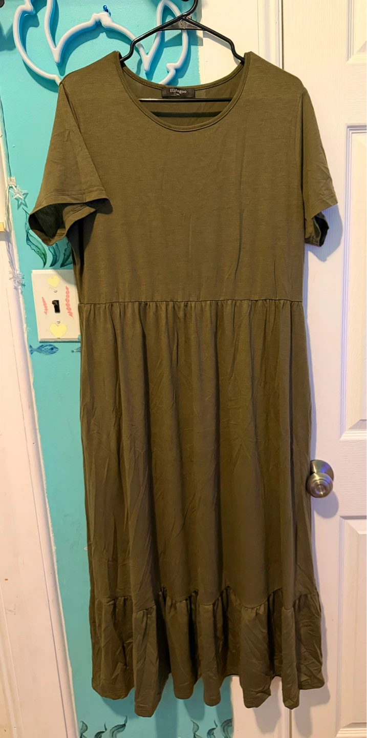 ELifeGoo Women's 1XL Olive Green Maxi Dress with Pockets