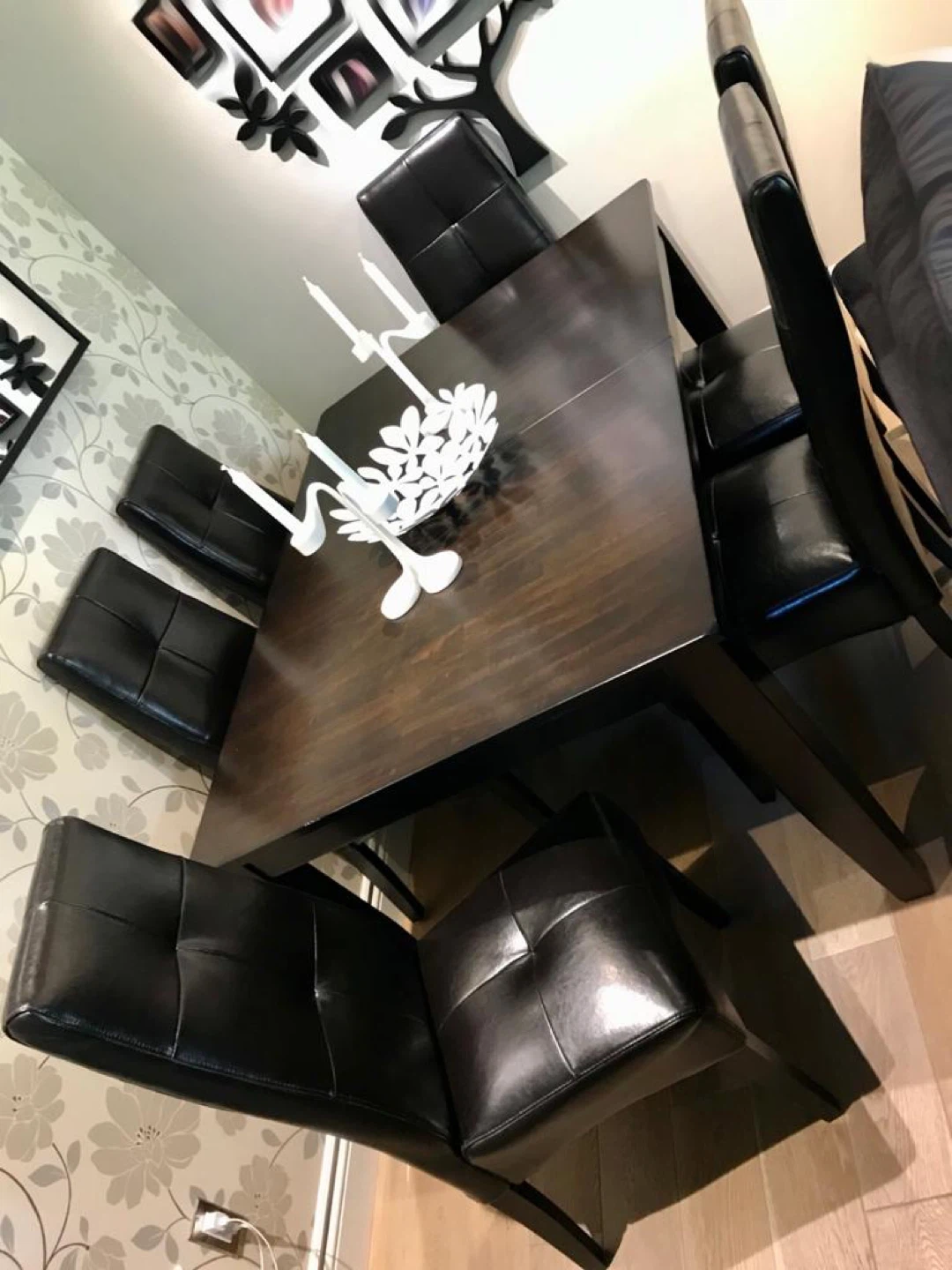 Dark Wood Dining Table with 4 Black Faux Leather Chairs