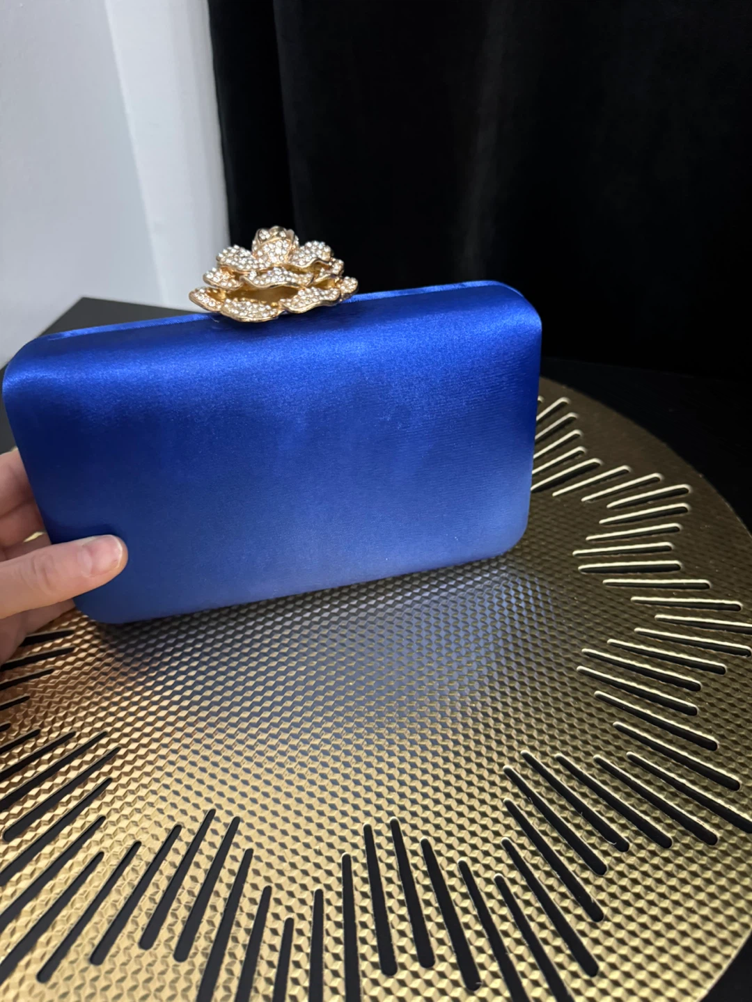 Blue satin clutch with rhinestone rose embellishment - photo 2