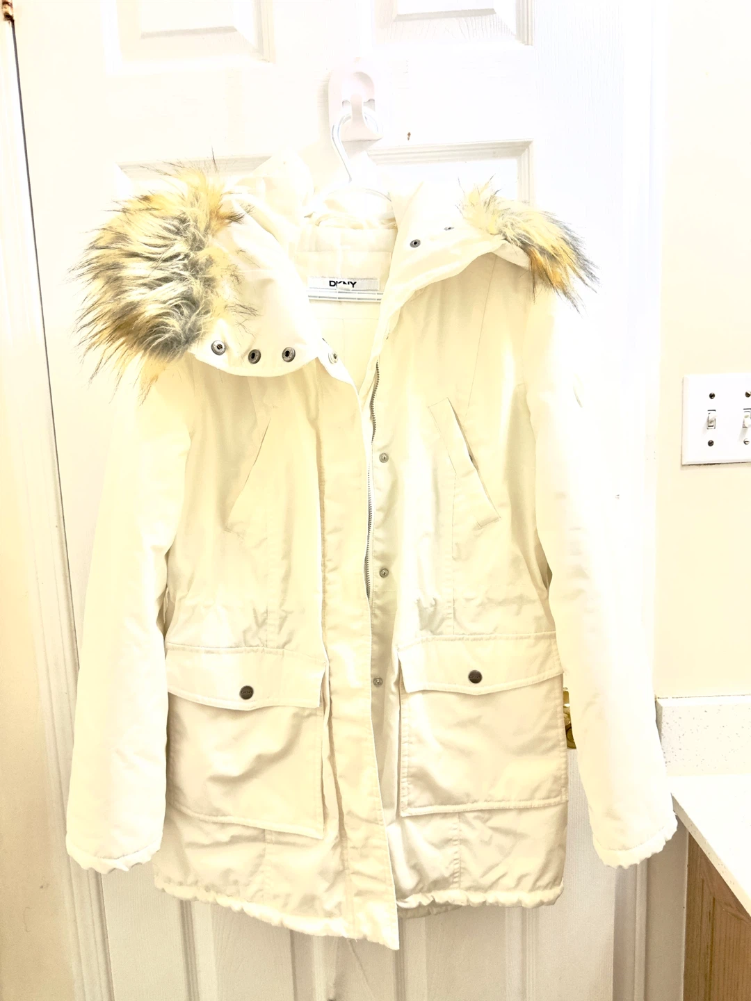 DKNY Cream Faux Fur Hooded Parka Jacket