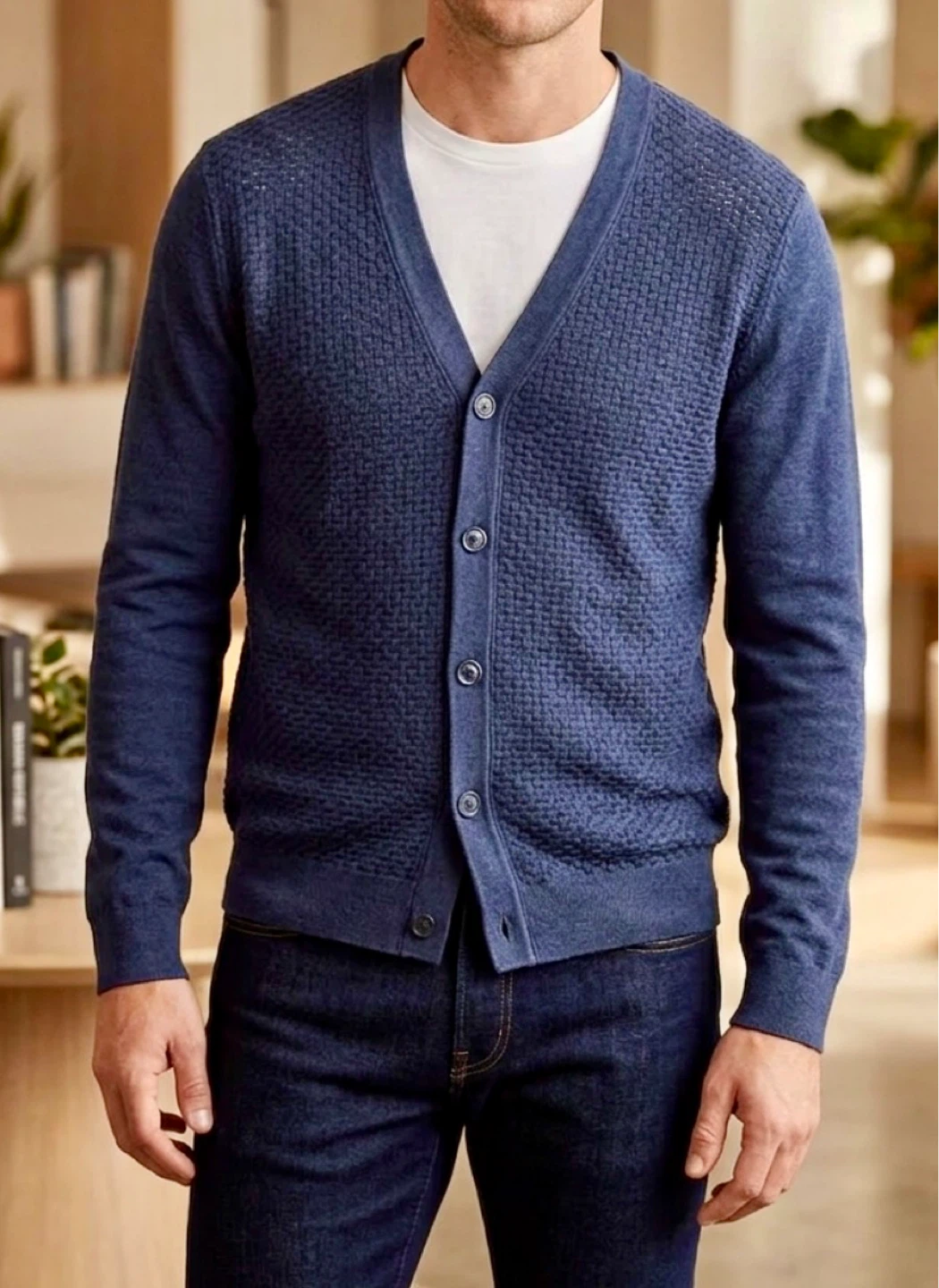 Banana Republic Men's Blue Textured Cardigan Sweater