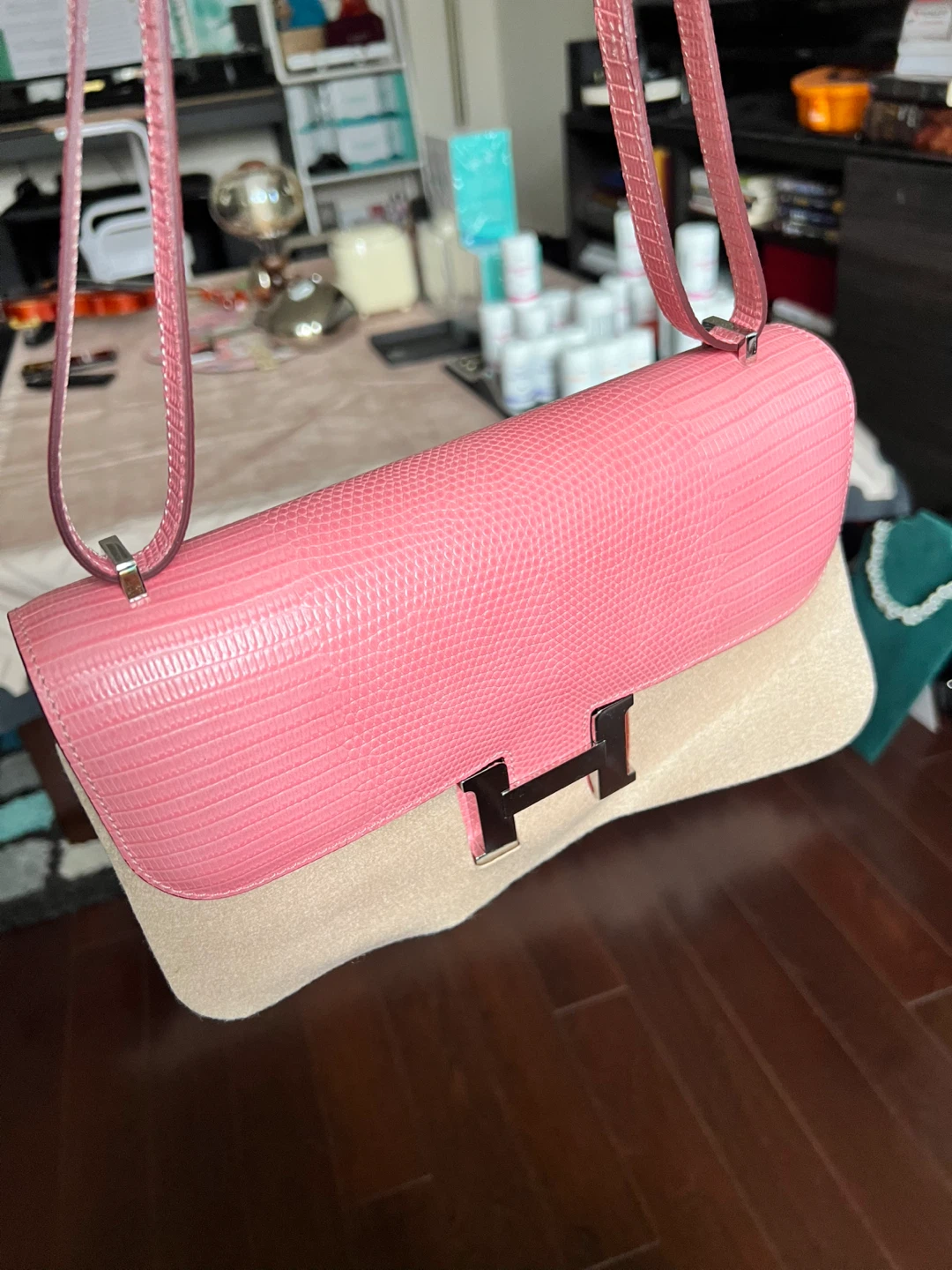 Pink Lizard & Suede Shoulder Bag - photo 2