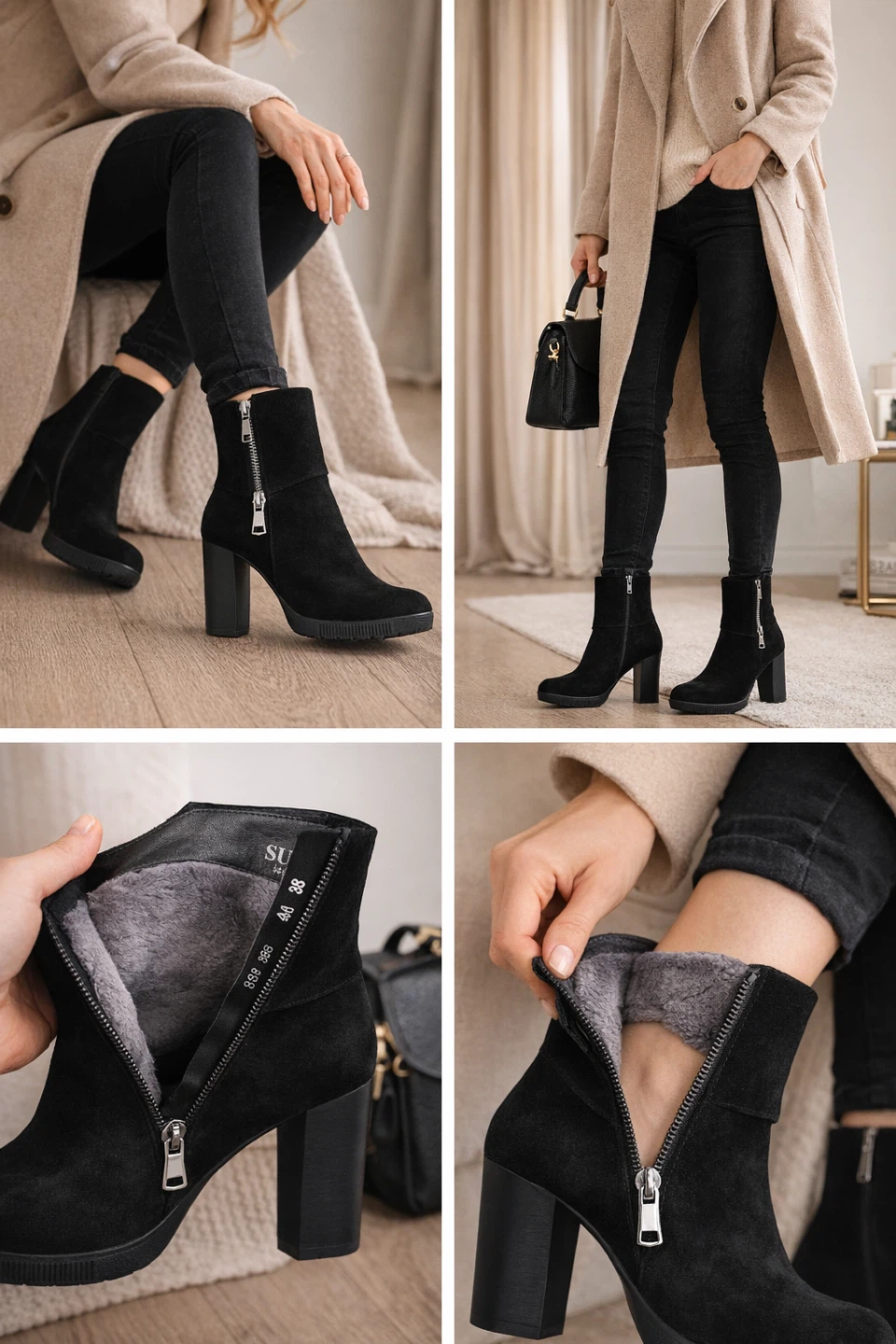 SUFINE Black Suede Winter Ankle Boots - Size 38