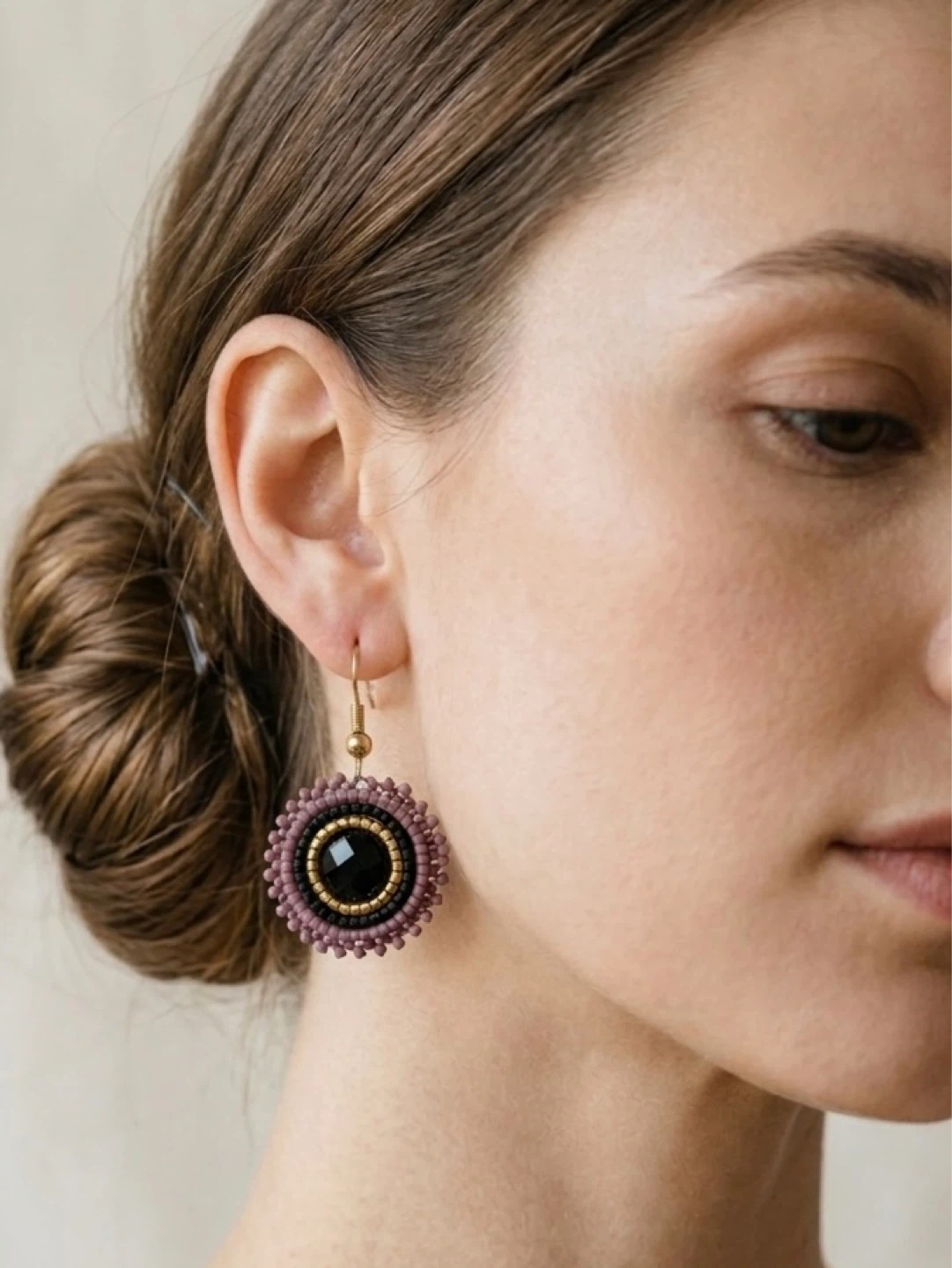 Hand Beaded Purple Black Boho Dangle Drop Seed Bead Earrings