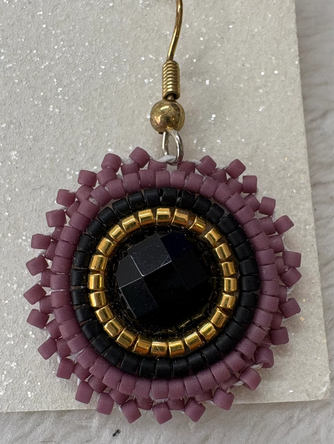 Hand Beaded Purple Black Boho Dangle Drop Seed Bead Earrings - photo 3