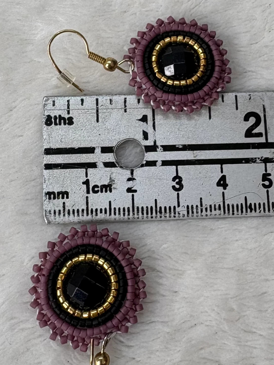 Hand Beaded Purple Black Boho Dangle Drop Seed Bead Earrings - photo 5
