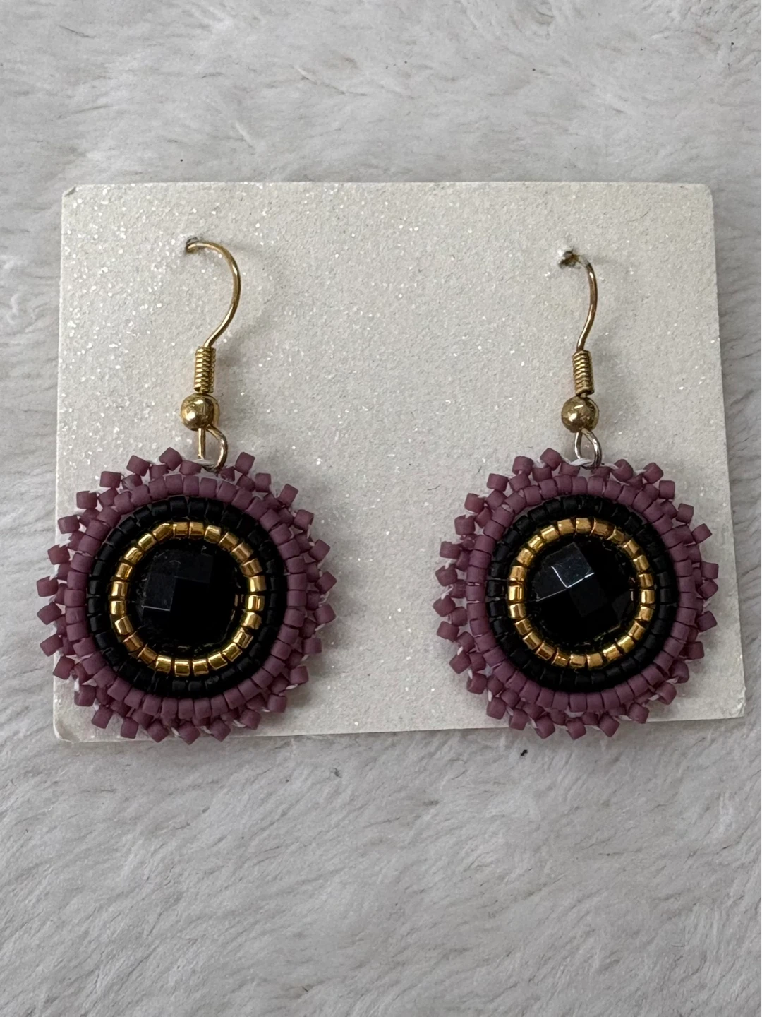 Hand Beaded Purple Black Boho Dangle Drop Seed Bead Earrings - photo 2